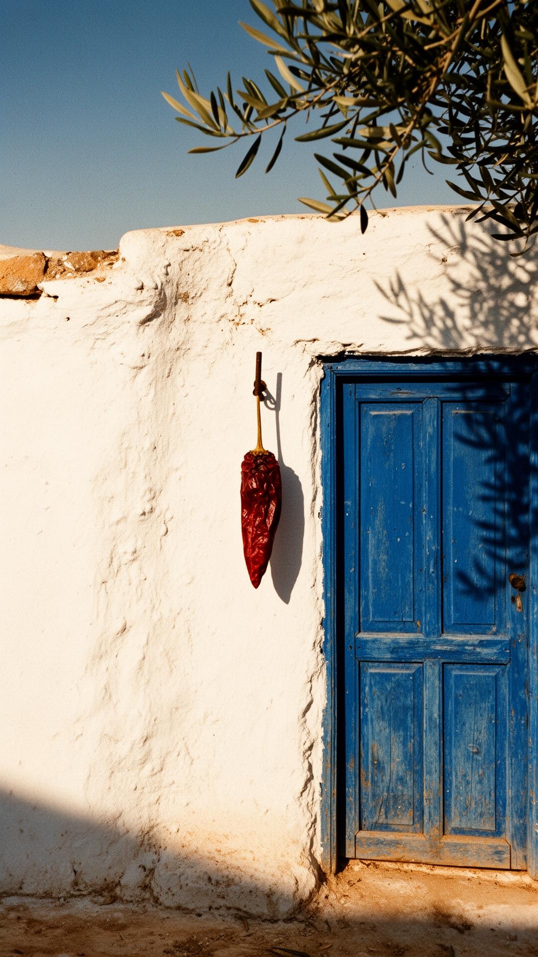 Mur chaulé d'une ferme tunisienne, porte cobalt, piment suspendu
