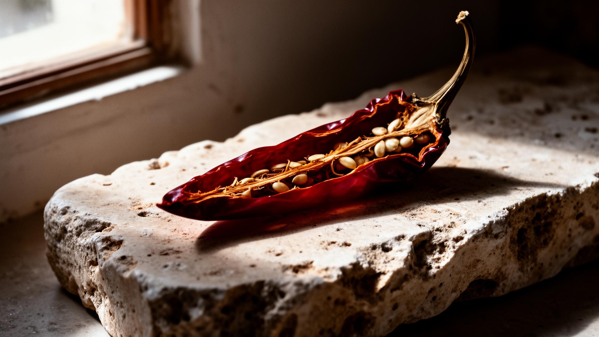 Piment baklouti sec, fendu, posé sur dalle de calcaire