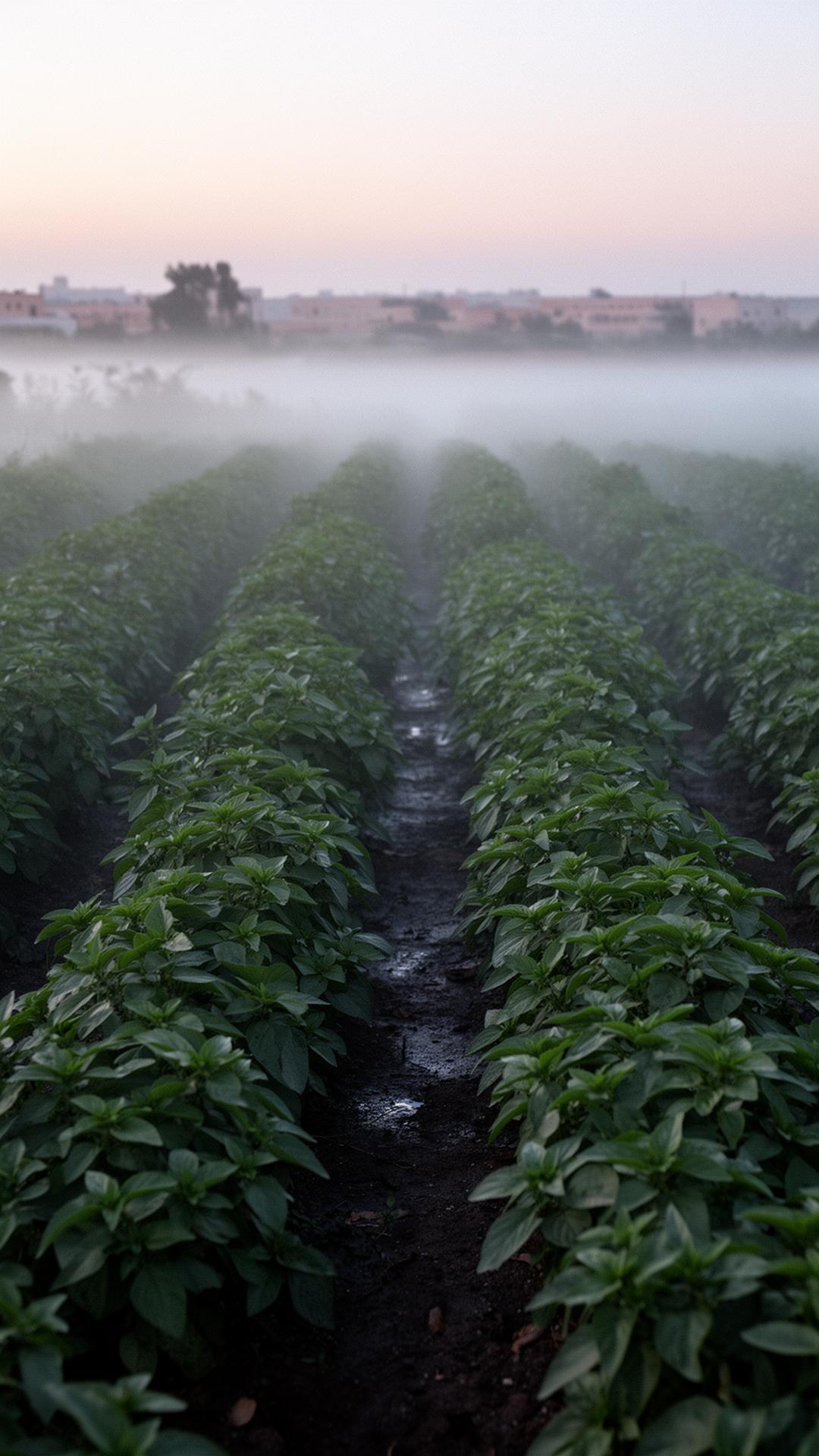 Rangs de basilic sacré dans la plaine de Béja, brume basse à l'aube
