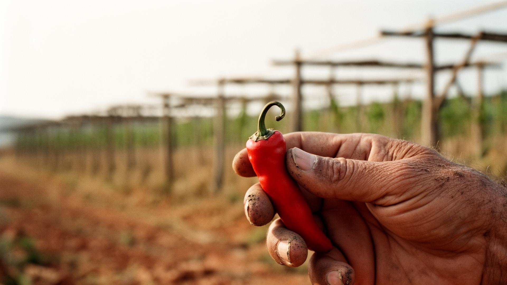 Main de paysan tenant un piment frais — lumière méditerranéenne, La Vera