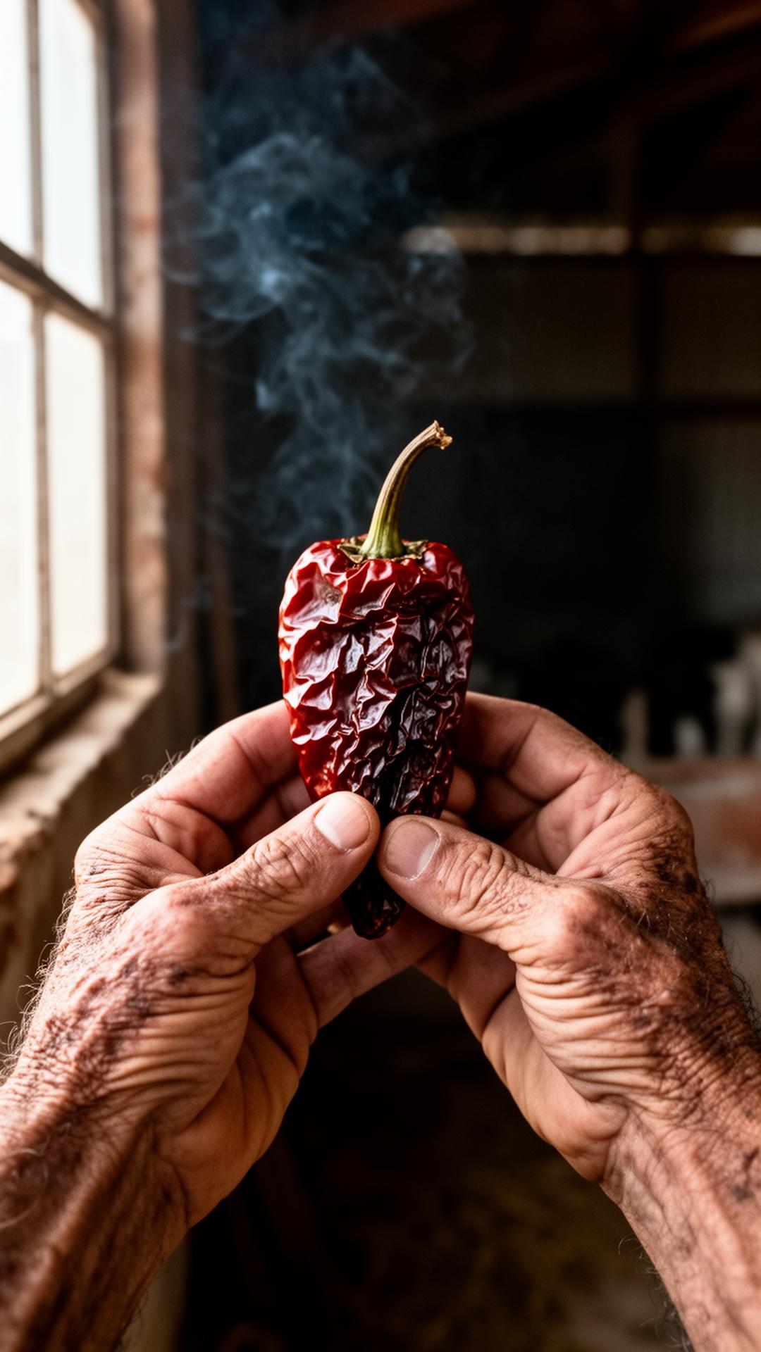 Mains d'un paysan tenant un piment fumé de la Vera